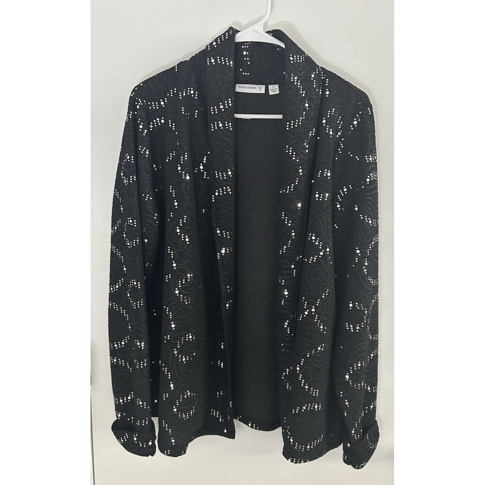 Susan Graver Crepe Knit Jacquard Cardigan Sequins Fancy Party Black Size Large